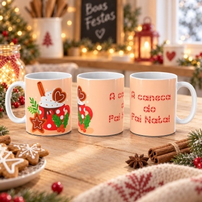 Três canecas decoradas com motivos de Natal e texto A caneca do Pai Natal sobre mesa de madeira com decoração natalícia