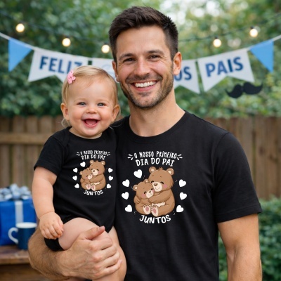 Pai e bebé com camisolas pretas comemoram Dia do Pai com decoração azul e branca ao ar livre