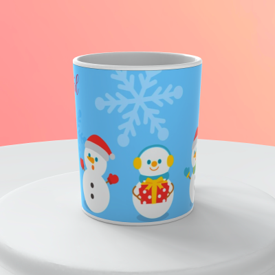 Caneca azul com bonecos de neve e flocos de neve
