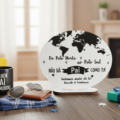 Caneca preta com texto, placa decorativa branca com mapa-múndi e mensagem para pai, óculos, carteira, cachecol e caixa de presente sobre mesa