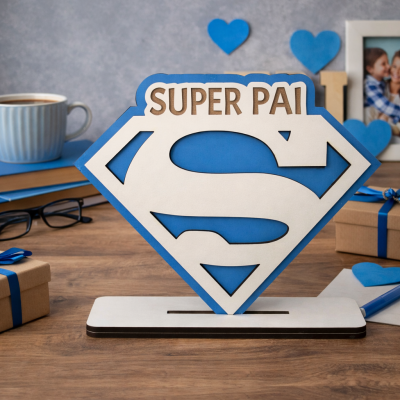 Scooter de madeira azul e branca com a palavra SUPER PAI sobre mesa de madeira com decoração azul
