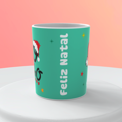 Caneca de cerâmica verde com imagens natalícias e texto branco
