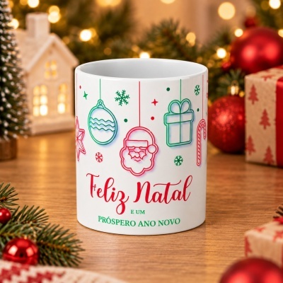 Caneca branca de Natal com desenhos e texto em vermelho e verde, em cenário natalício com luzes e presentes.