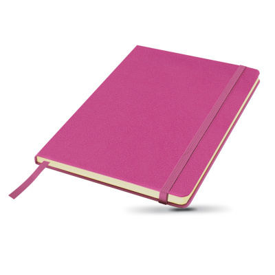 Caderno rosa com elástico e marcador de páginas.