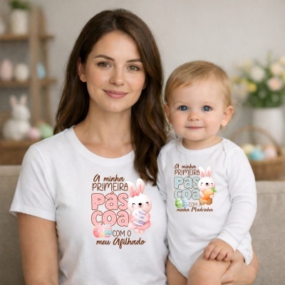 Camisolas brancas com mensagem de Páscoa para mãe e bebé