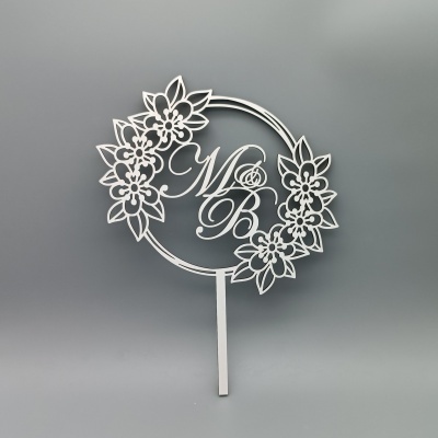 Topo de bolo acrílico branco com flores e iniciais MB