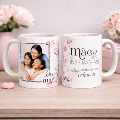 Dupla de canecas brancas de porcelana com motivos florais e mensagens de amor à mãe