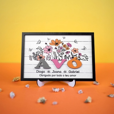 Quadro decorativo com palavra AVÓ e flores coloridas