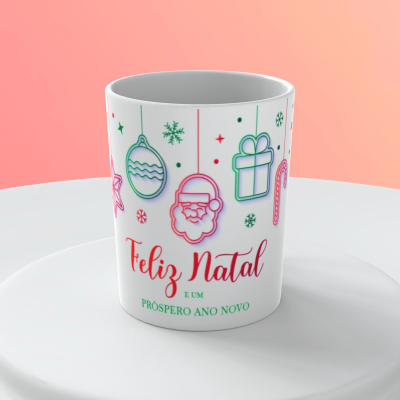 Caneca de Natal branca com desenhos coloridos e texto festivo