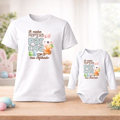Conjunto de t-shirt e body infantis brancos com estampado e texto relacionado com a Páscoa