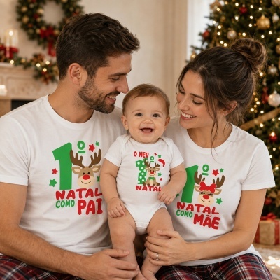 Família com t-shirts e body branco com tema de Natal sentados perto de uma árvore de Natal decorada.