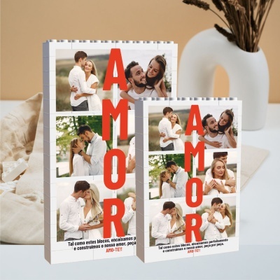 Dois puzzles de blocos com fotos de casais e a palavra AMOR em vermelho