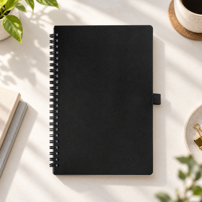 Caderno espiral preto com capa lisa numa mesa clara com planta, caneca e clips.