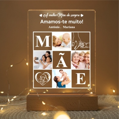 Placa luminosa para mãe com fotos, desenhos e texto em acrílico e base de madeira