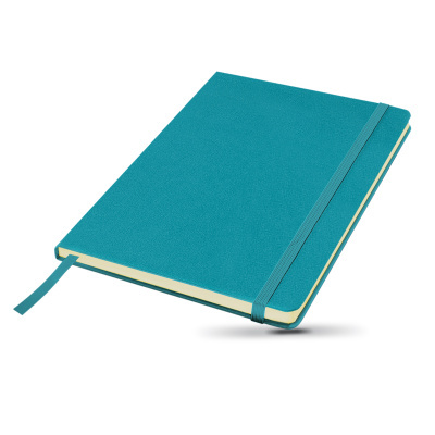 Caderno de capa dura azul turquesa com elástico e marcador