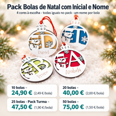 Bolas de Natal personalizadas com iniciais e nomes em quatro cores diferentes
