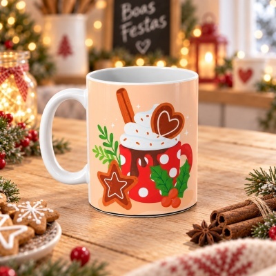Caneca branca com desenho natalício colorido, em mesa de madeira com decoração de Natal