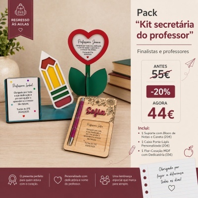 Pack Kit secretária do professor com porta-lápis colorido, suporte com bloco de notas e caneta, flor-coração MDF e livros ao fundo