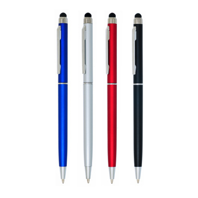 Quatro canetas metalizadas com clips, em azul, prata, vermelho e preto com topo emborrachado.