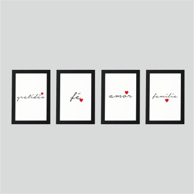 Conjunto de quatro quadros com palavras gratidão, fé, amor e família e corações vermelhos.