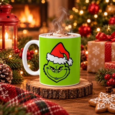 Caneca verde com figura do Grinch, bebida quente, decoração de Natal
