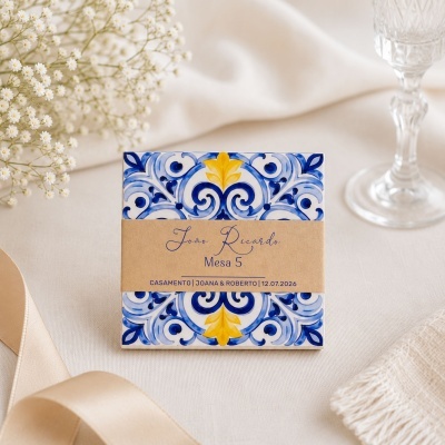 Cartão decorativo de mesa para casamento com padrão azul e amarelo, texto em papel bege, copo de vidro e flores brancas.