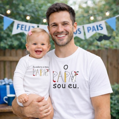 Pai e bebé sorridentes com t-shirts brancas temáticas de Dia dos Pais ao ar livre com faixa decorativa ao fundo.