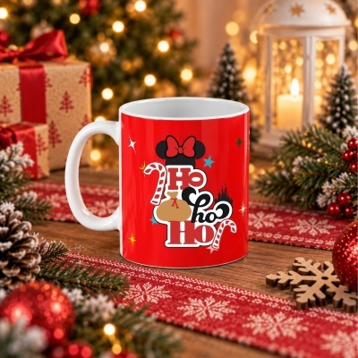 Caneca vermelha com decoração de Natal e texto Ho Ho Ho em ambiente festivo