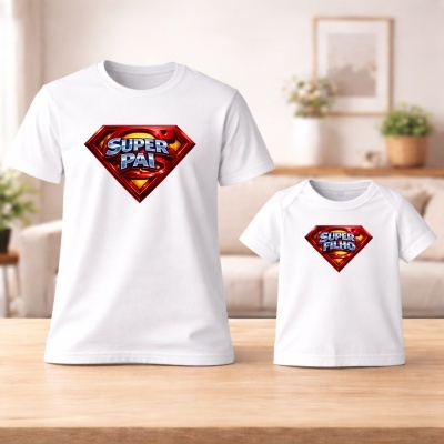Duas t-shirts brancas com textos SUPER PAI e SUPER FILHO em símbolo colorido em ambiente interior