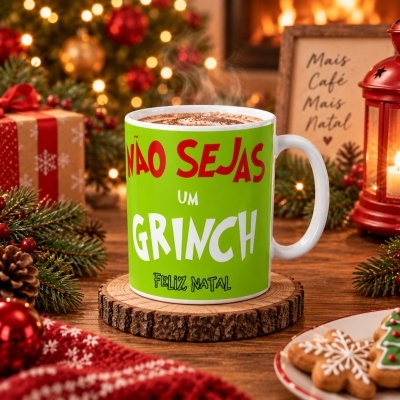 Caneca verde com texto natalício sobre suporte de madeira rodeada de decoração natalícia