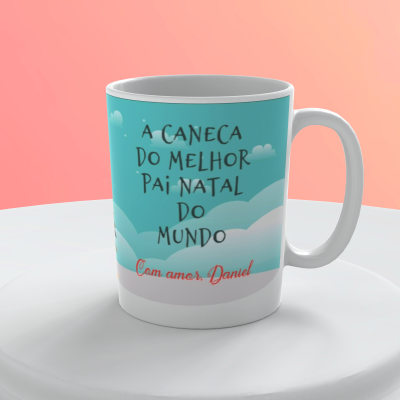 Caneca branca com impressão azul e texto em português para o melhor Pai Natal