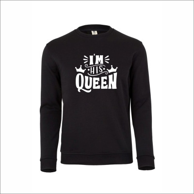 Sweatshirt preta com design branco IM HIS QUEEN com coroa