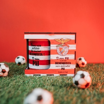 Caneca vermelha e branca com texto e caixa do SL Benfica na relva com bolas de futebol