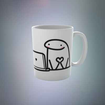 Caneca branca com desenho de figuras sorridentes e corações.