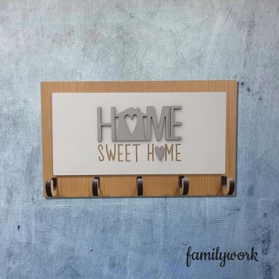 Cabideiro de parede com texto HOME SWEET HOME em madeira e gancho preto