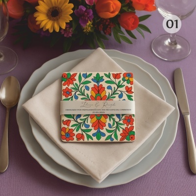 Cartão decorativo floral sobre guardanapo e prato branco numa mesa com toalha lilás e flores.
