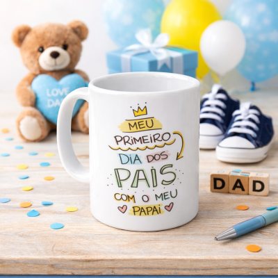 Caneca branca com texto colorido para o Dia dos Pais em ambiente com ursinho, sapatinhos e balões