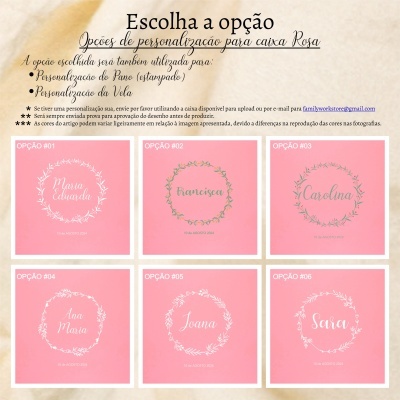 Opções de personalização para caixa Rosa em cartões cor de rosa com nomes femininos e elementos florais.