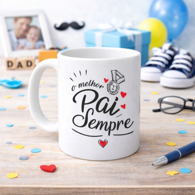 Caneca branca com texto O melhor Pai Sempre e corações, sobre mesa com confetes e objetos variados ao fundo