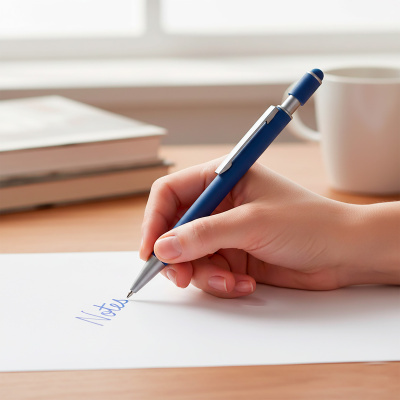 Mão segurando caneta azul a escrever Notes em papel branco sobre mesa com livro e chávena
