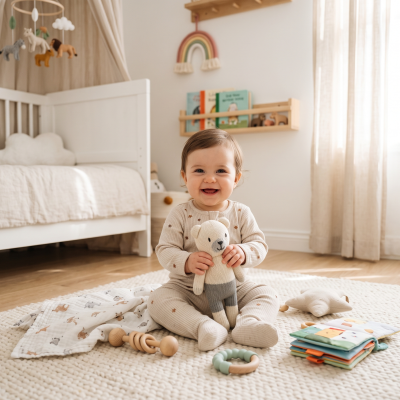 Berço branco, móbile de peluches, criança sentada com brinquedo de urso, tapete creme, livro de pano colorido