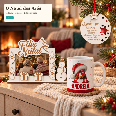 Pack Natal dos Av&oacute;s: moldura, caneca e bola de Natal personalizadas