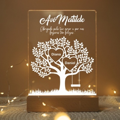 Placa luminosa LED com árvore genealógica e texto de agradecimento para avó Matilde