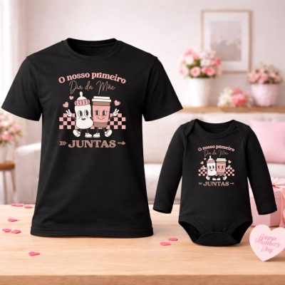 Camisola preta e fato de bebé preto com desenho de biberão e chávena e texto Dia da Mãe