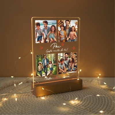 Luminária personalizada com fotografias de família e texto em acrílico iluminado