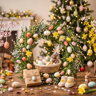 Guirlanda de Páscoa com flores, ovos pintados e folhagem em mesa de madeira com presentes e decoração pascal