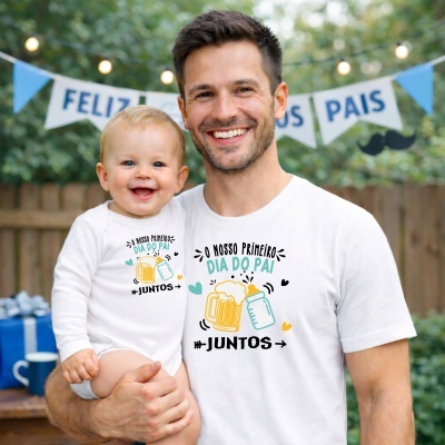 T-shirts brancas para pai e bebê com mensagem Dia do Pai em verde e preto e ilustrações de caneca de cerveja e biberão.
