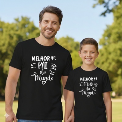 Homem e criança com t-shirts pretas e texto branco MELHOR PAI do Mundo e MELHOR FILHO do Mundo ao ar livre com árvores ao fundo.