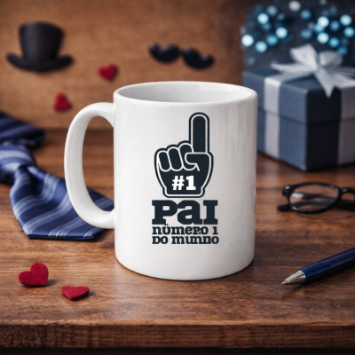 Caneca branca com uma mão e texto #1 pai número 1 no mundo numa mesa com gravata e acessórios