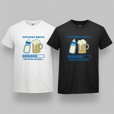 T-shirts branca e preta com estampado de biberão e caneca de cerveja e texto em azul